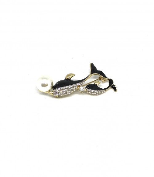 Καρφίτσα μεταλλική δελφίνι μαύρο με πέρλα σε χρώμα χρυσό